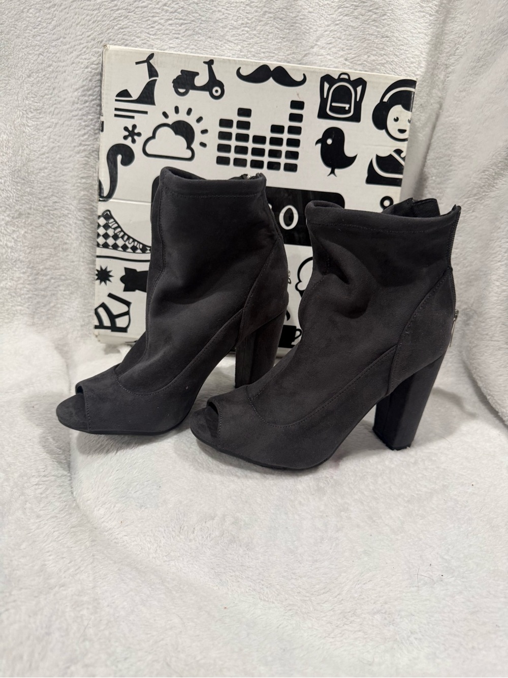 BAMBOO Black Suede-Look Peep Toe High Heel Ankle Boots